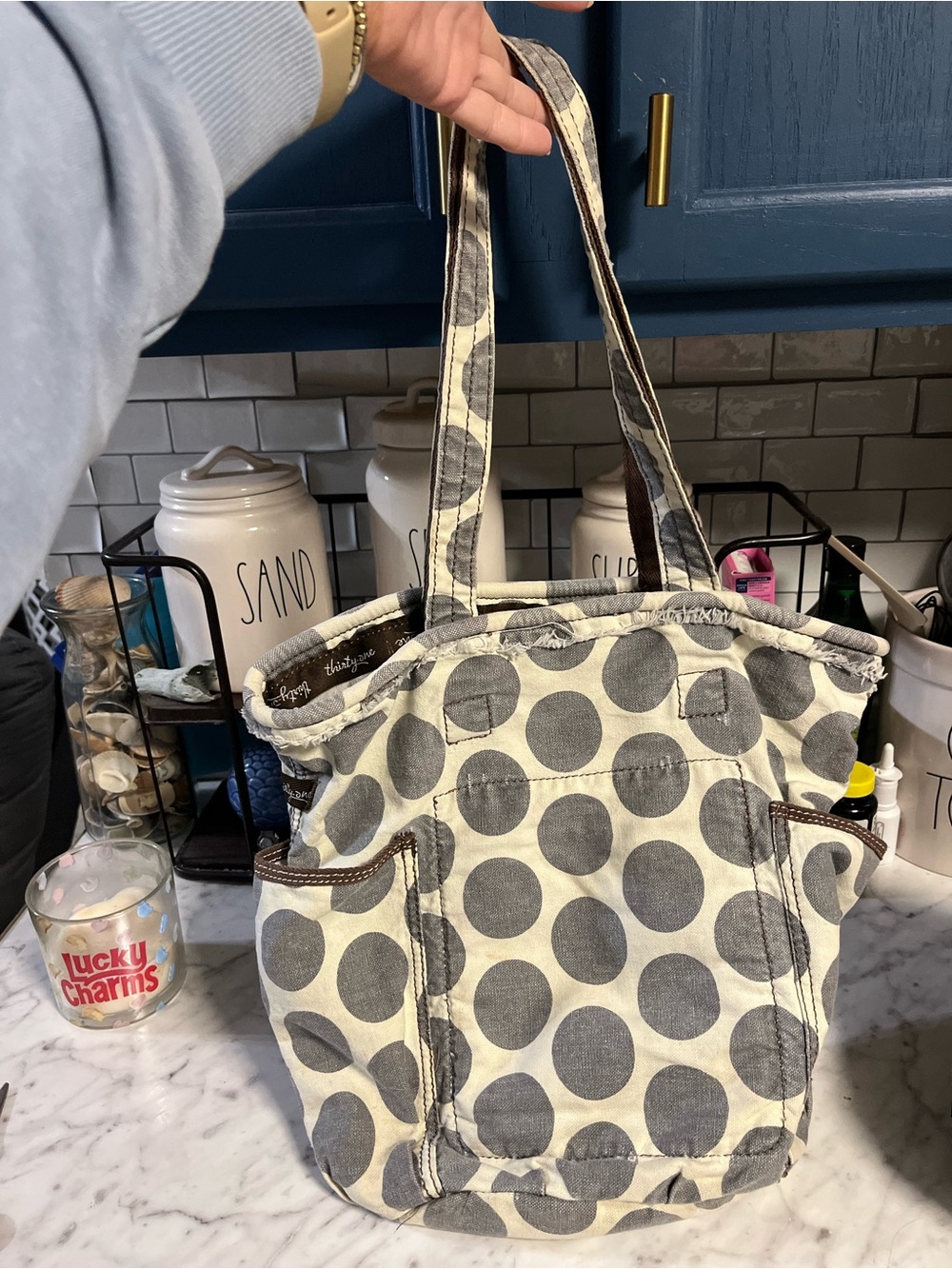 Thirty One Canvas Polka Dot Tote Bag with Embroidered initial C - Gray & Cream - Picture 3 of 6